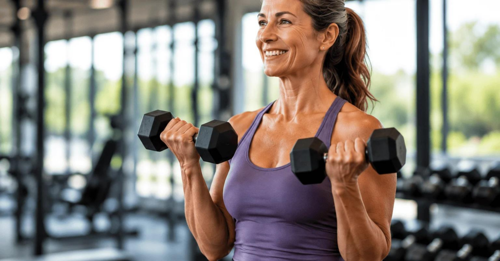 Woman lifting dumbbells for muscle preservation and strength training during GLP-1 weight loss